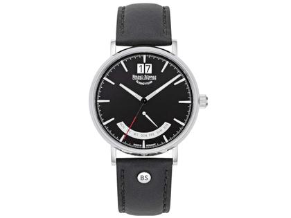 Bruno Söhnle Glashütte München II Quarz Edelstahl 43mm schwarzes Zifferblatt schwarzes Lederband – Herrenuhren Uhr mit Datum aus Edelstahl und Leder. Das Gehäuse ist rund und silber. Das Lederarmband ist schwarz. Das Zifferblatt ist ein Index in schwarz.