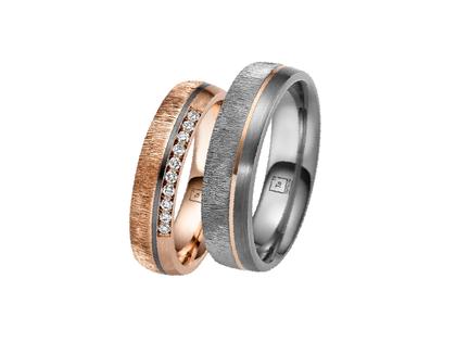 Tantalum Trauringpaar aus Tantal und Rotgold 5,0mm gewölbt mit Brillanten 0,100ct – Ringe Trauring mit Besatz aus 585 Rotgold, Tantal und und .