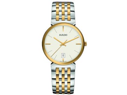 Herrenuhren Uhr mit Datum aus Edelstahl und PVD beschichtet. Das Gehäuse ist rund und silber-gelbgold. Das Edelstahlarmband ist silber-gelbgold. Das Zifferblatt ist ein Index in beige.