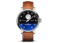 MeisterSinger Stratoscope Automatik Edelstahl blaues Zifferblatt cognac Lederband – Herrenuhren Uhr mit Datum aus Edelstahl. Das Gehäuse ist rund und silber. Das Lederarmband ist braun. Das Zifferblatt ist arabisch Index und blau.