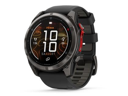 Garmin fenix 8 Pro 51mm MicroLED faserverstärktes Polymer Titan carbongrau beschichtet schwarzes Silikonband – Herrenuhren Uhr Multifunktion aus DLC beschichtet, Kautschuk und Titan. Das Gehäuse ist rund und schwarz. Das Kautschuk / Kunststoff / Silikon Armband ist schwarz. Das Zifferblatt ist digital und schwarz. – Ansicht 3