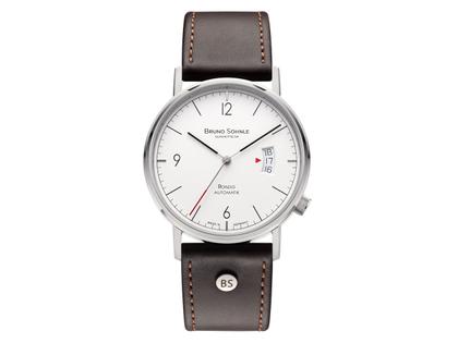 Bruno Söhnle Glashütte Rondo Herrenuhr   Automatik Edelstahl weißes Zifferblatt braunes Lederband – Herrenuhren Uhr mit Datum aus Edelstahl. Das Gehäuse ist rund und silber. Das Lederarmband ist braun. Das Zifferblatt ist arabisch Index und weiß. – Ansicht 4