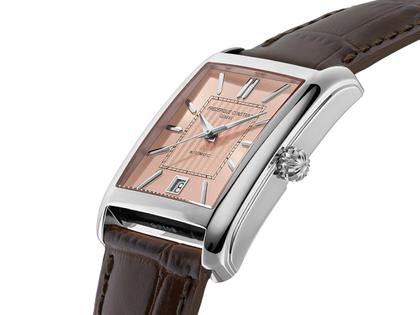 Frederique Constant Classics Carree Automatik Edelstahl 42mm roséfarbenes Zifferblatt braunes Lederband – Herrenuhren Uhr mit Datum aus Edelstahl und Leder. Das Gehäuse ist rechteckig und silber. Das Lederarmband ist braun. Das Zifferblatt ist ein Index in roségold. – Ansicht 2