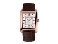 Frederique Constant Classics Carree Automatic Edelstahl roségold silbernes Zifferblatt braunes Lederband – Herrenuhren Uhr mit Datum aus Edelstahl, Leder, PVD beschichtet und vergoldet. Das Gehäuse ist rechteckig und roségold. Das Lederarmband ist braun. Das Zifferblatt ist ein Index in silber.