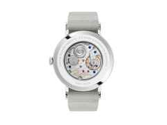 Nomos Glashütte Tangente 38 Datum "175 Years Watchmaking - Chili" Handaufzug Edelstahl pinkes Zifferblatt graues Textilband Glasboden – Herrenuhren Uhr mit Datum aus Edelstahl. Das Gehäuse ist rund und silber. Das Textilarmband ist grau. Das Zifferblatt ist arabisch Index und pink. – Ansicht 2