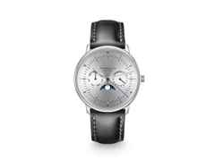 Sternglas Naos Mondphase Quarz Edelstahl 38mm silbernes Zifferblatt graues Lederband – Herrenuhren Uhr mit Datum aus Edelstahl und Leder. Das Gehäuse ist rund und silber. Das Lederarmband ist grau. Das Zifferblatt ist ein Index in silber.