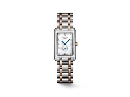 Longines DolceVita   Mini Quarz Edelstahl 21x32mm Perlmutt-Zifferblatt mit Brillanten Metallband bicolor – Damenuhren Uhr ohne Datum aus 750 Rotgold und Edelstahl. Das Gehäuse ist rechteckig und silber. Das Edelstahlarmband ist silber-roségold. Das Zifferblatt ist ein Index in weiß.