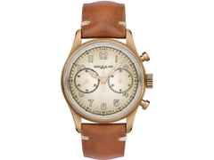 Montblanc 1858 Automatic Chronograph Bronze – Herrenuhren Chronograph aus Titan. Das Gehäuse ist rund und roségold. Das Lederarmband ist braun. Das Zifferblatt ist arabisch Index und beige.