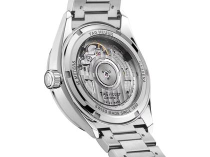 TAG Heuer Carrera Date Automatik Edelstahl 36mm lachsfarbenes Zifferblatt mit Brillanten Metallband – Damenuhren Uhr mit Datum aus Edelstahl. Das Gehäuse ist rund und silber. Das Edelstahlarmband ist silber. Das Zifferblatt ist ein Index in beige. – Ansicht 4
