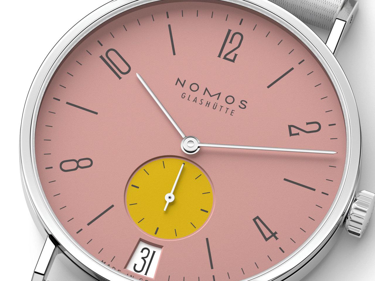 Nomos Glashütte Tangente 38 Datum "175 Years Watchmaking - Bubblegum" Handaufzug Edelstahl rosa Zifferblatt graues Textilband Glasboden – Herrenuhren Uhr mit Datum aus Edelstahl. Das Gehäuse ist rund und silber. Das Textilarmband ist grau. Das Zifferblatt ist arabisch Index und rosa. – Ansicht 4
