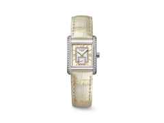 Longines DolceVita   Mini Quarz Edelstahl 22x29mm Brillantbesatz gelbes Zifferblatt gelbes Lederband – Damenuhren Uhr ohne Datum aus Edelstahl, Leder und vergoldet. Das Gehäuse ist rechteckig und silber. Das Lederarmband Kroko / Alligator ist gelb. Das Zifferblatt ist römisch und gelb.