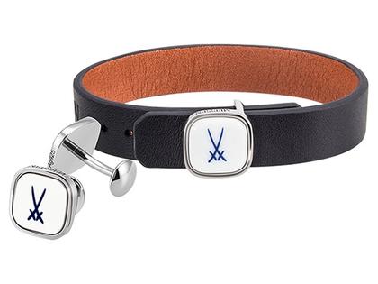 Meissen Lederarmband Schwarz und Maschettenknöpfe "Schwerter" Set – Herrenschmuck Manschettenknöpfe aus 925 Silber und und rhodiniert.