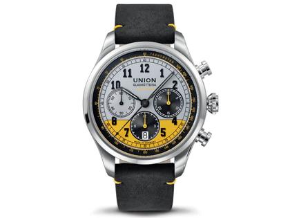 Union Glashütte Belisar Chronograph Speedster Limited Edition 2022 – Herrenuhren Chronograph aus Edelstahl. Das Gehäuse ist rund und silber. Das Lederarmband ist schwarz. Das Zifferblatt ist arabisch Index und gelb. – Ansicht 6