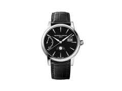 Frederique Constant Manufacture Classic Power Reserve Big Date Automatik Edelstahl 40mm schwarzes Zifferblatt schwarzes Lederband – Herrenuhren Uhr mit Datum aus Edelstahl und Leder. Das Gehäuse ist rund und silber. Das Lederarmband Kroko / Alligator ist schwarz. Das Zifferblatt ist ein Index in schwarz.