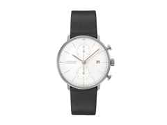 Junghans Max Bill Chronoscope Bauhaus Automatik Edelstahl 40mm weißes Zifferblatt schwarzes Lederband – Herrenuhren Uhr mit Datum aus Edelstahl und PVD beschichtet. Das Gehäuse ist rund und silber. Das Lederarmband ist schwarz. Das Zifferblatt ist ein Index in weiß.