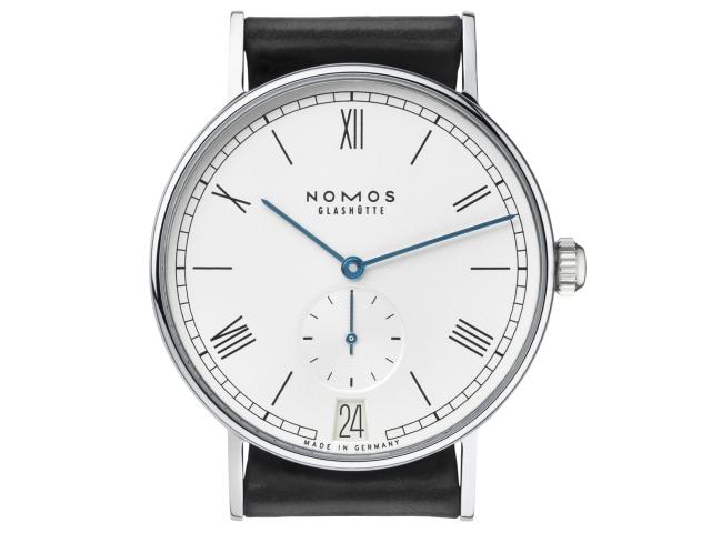 Nomos Glashütte Ludwig 38 Datum Handaufzug Edelstahl weißes Zifferblatt Metallband Glasboden – Herrenuhren Uhr mit Datum aus Edelstahl und Leder. Das Gehäuse ist rund und silber. Das Edelstahlarmband ist silber. Das Zifferblatt ist römisch Index und weiß. – Ansicht 2