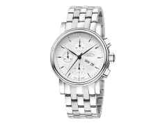 Mühle Glashütte Teutonia II Chronograph Automatik Edelstahl 42mm silbernes Zifferblatt Metallband – Herrenuhren Chronograph aus Edelstahl. Das Gehäuse ist rund und silber. Das Edelstahlarmband ist silber. Das Zifferblatt ist ein Index in silber.