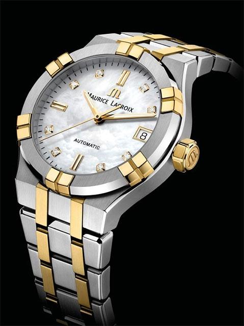 Maurice Lacroix Aikon Automatik Edelstahl 35mm weißes Zifferblatt zweifarbiges Metallband – Damenuhren Uhr mit Datum aus Edelstahl und PVD beschichtet. Das Gehäuse ist rund und silber-gelbgold. Das Edelstahlarmband ist silber-gelbgold. Das Zifferblatt ist ein Index in weiß. – Ansicht 3