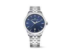 Maurice Lacroix 1975 Quarz Edelstahl 39mm blaues Zifferblatt Metallband – Herrenuhren Uhr mit Datum aus Edelstahl. Das Gehäuse ist rund und silber. Das Edelstahlarmband ist silber. Das Zifferblatt ist ein Index in blau.