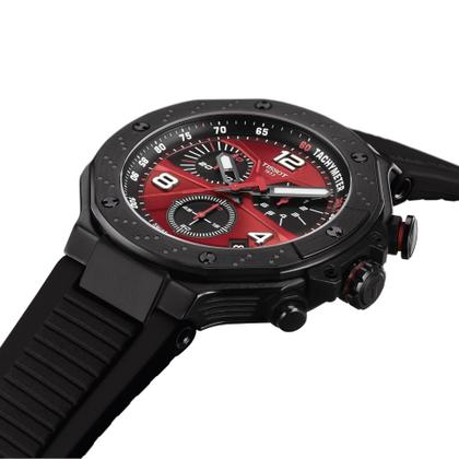 Tissot T-Race MotoGP                    2026 Chronograph Limited Edition Quarz Edelstahl 45mm schwarz-rotes Zifferblatt schwarzes Silikonband – Herrenuhren Chronograph aus Edelstahl und PVD beschichtet. Das Gehäuse ist rund und schwarz. Das Kautschuk / Kunststoff / Silikon Armband ist schwarz. Das Zifferblatt ist ein Index in schwarz. – Ansicht 2