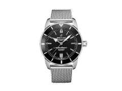 Breitling Superocean Heritage B20 Automatic 42 Edelstahl schwarzes Zifferblatt Metallband – Herrenuhren Uhr mit Datum aus Edelstahl und Keramik. Das Gehäuse ist rund und silber. Das Edelstahlarmband ist silber. Das Zifferblatt ist ein Index in schwarz.