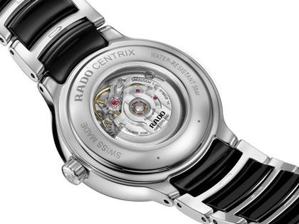 Rado Centrix Diamonds Automatik Edelstahl Roségold-PVD 30,5mm schwarzes Zifferblatt mit Brillanten Metallband – Damenuhren Uhr mit Datum aus Edelstahl und Keramik. Das Gehäuse ist rund und silber. Das Keramikarmband ist schwarz. Das Zifferblatt ist ein Index in schwarz. – Ansicht 4