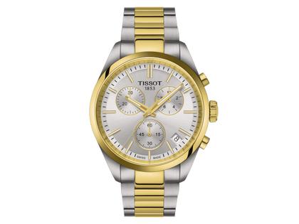 Tissot PR 100 Quarz Edelstahl bicolor 40mm silberfarbenes Zifferblatt Metallband bicolor – Herrenuhren Uhr mit Datum aus Edelstahl und PVD beschichtet. Das Gehäuse ist rund und silber-gelbgold. Das Edelstahlarmband ist silber-gelbgold. Das Zifferblatt ist ein Index in silber.