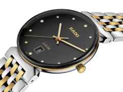 Rado Florence Classic Diamonds Quarz Edelstahl 38 mm schwarz Edelstahlband bicolor – Herrenuhren Uhr mit Datum aus Edelstahl und PVD beschichtet. Das Gehäuse ist rund und silber-gelbgold. Das Edelstahlarmband ist silber-gelbgold. Das Zifferblatt ist ein Index in schwarz. – Ansicht 2