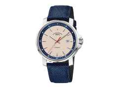 Mühle Glashütte 29er Big Sand Automatik Edelstahl 42,4mm beiges Zifferblatt nautikblaues Canvasband – Herrenuhren Uhr mit Datum aus Edelstahl und Leder. Das Gehäuse ist rund und silber. Das Textilarmband ist blau. Das Zifferblatt ist ein Index in beige.