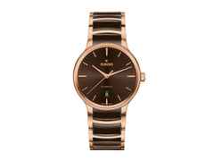 Rado Centrix Automatik Edelstahl Roségold-PVD 39,5mm braunes Zifferblatt Metallband – Herrenuhren Uhr mit Datum aus Edelstahl, Keramik und PVD beschichtet. Das Gehäuse ist rund und roségold. Das Keramikarmband ist braun. Das Zifferblatt ist ein Index in braun.