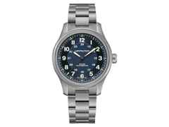 Hamilton Khaki Field Titanium Auto Titan 42mm blaues Zifferblatt Metallband – Herrenuhren Uhr ohne Datum aus Titan. Das Gehäuse ist rund und silber. Das Titanarmband ist silber. Das Zifferblatt ist arabisch und blau.