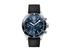 Glashütte Original SeaQ Chronograph Automatik Edelstahl 43mm blaues Zifferblatt schwarzes Kautschukband – Herrenuhren Chronograph aus Edelstahl und Keramik. Das Gehäuse ist rund und silber. Das Kautschuk / Kunststoff / Silikon Armband ist schwarz. Das Zifferblatt ist arabisch Index und blau.