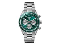 TAG Heuer Carrera Chronograph Sport Automatik Edelstahl 42mm grünes Zifferblatt Metallband – Herrenuhren Chronograph aus Edelstahl und Keramik. Das Gehäuse ist rund und silber. Das Edelstahlarmband ist silber. Das Zifferblatt ist arabisch Index und grün.