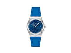 Swatch Irony Lady Blossom Time Blue Petal Promise Quarz Edelstahl 33mm blaues Zifferblatt blaues Lederband – Damenuhren Uhr ohne Datum aus Edelstahl und Leder. Das Gehäuse ist rund und silber. Das Lederarmband ist blau. Das Zifferblatt ist ohne Zeichen und blau.