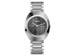 Rado DiaStar Original Automatik Ceramos 38 mm grau Edelstahlband – Herrenuhren Uhr mit Datum aus Edelstahl und Keramik. Das Gehäuse ist oval und silber. Das Edelstahlarmband ist silber. Das Zifferblatt ist ein Index in grau.