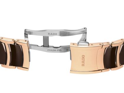 Rado Centrix Diamonds Quarz Edelstahl Roségold-PVD 35mm braunes Perlmutt-Zifferblatt mit Brillanten Metallband – Damenuhren Uhr mit Datum aus Edelstahl, Keramik und PVD beschichtet. Das Gehäuse ist rund und roségold. Das Edelstahlarmband ist roségold. Das Zifferblatt ist ein Index in braun. – Ansicht 5
