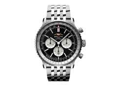 Breitling Navitimer B01 Chronograph 46 Edelstahl schwarzes Zifferblatt Metallband – Herrenuhren Chronograph aus Edelstahl. Das Gehäuse ist rund und silber. Das Edelstahlarmband ist silber. Das Zifferblatt ist ein Index in schwarz.