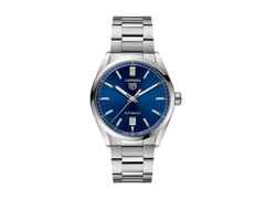 TAG Heuer Carrera Date Automatik Edelstahl 39mm blaues Zifferblatt Metallband – Herrenuhren Uhr mit Datum aus Edelstahl. Das Gehäuse ist rund und silber. Das Edelstahlarmband ist silber. Das Zifferblatt ist ein Index in blau.