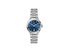 TAG Heuer Carrera Date Automatik Edelstahl 29mm blaues Zifferblatt mit Brillanten Metallband – Damenuhren Uhr mit Datum aus Edelstahl. Das Gehäuse ist rund und silber. Das Edelstahlarmband ist silber. Das Zifferblatt ist ein Index in blau.