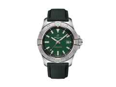 Breitling Avenger Automatik 42 Edelstahl grünes Zifferblatt dunkelgrünes Lederband – Herrenuhren Uhr mit Datum aus Edelstahl und Leder. Das Gehäuse ist rund und silber. Das Lederarmband ist grün. Das Zifferblatt ist ein Index in grün.