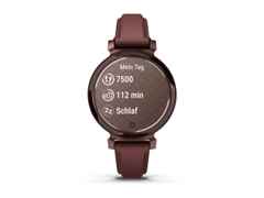 Garmin Lily 2 Smartwatch Aluminium eloxiert 35mm dunkelbronzefarbenes Display bordeauxfarbenes Lederband – Damenuhren Uhr Multifunktion aus eloxiertes Aluminium, Kunststoff und Leder. Das Gehäuse ist rund und rot. Das Lederarmband ist rot. Das Zifferblatt ist digital und rot. – Ansicht 2