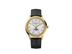 Frederique Constant Classics Moneta Moonphase Quarz Edelstahl Gelbgold-PVD 37mm weißes Zifferblatt schwarzes Lederband – Herrenuhren Uhr ohne Datum aus Edelstahl, Leder und PVD beschichtet. Das Gehäuse ist rund und gelbgold. Das Lederarmband Kroko / Alligator ist schwarz. Das Zifferblatt ist ein Index in weiß.