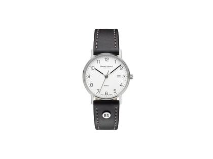 Bruno Söhnle Glashütte Rondo Quarz Edelstahl 30mm weißes Zifferblatt schwarzes Lederband – Damenuhren Uhr mit Datum aus Edelstahl. Das Gehäuse ist rund und silber. Das Lederarmband ist schwarz. Das Zifferblatt ist arabisch und weiß.