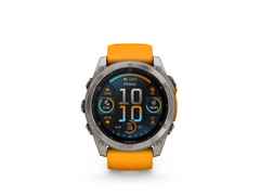 Garmin fenix 8 51mm AMOLED faserverstärktes Polymer Titan graphitfarben beschichtet oranges Kautschukband – Herrenuhren Uhr Multifunktion aus DLC beschichtet, Kautschuk und Titan. Das Gehäuse ist rund und grau. Das Kautschuk / Kunststoff / Silikon Armband ist orange. Das Zifferblatt ist digital und schwarz.