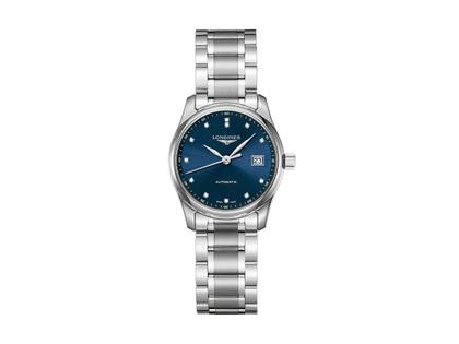 Longines Master Collection Automatik 29 mm Edelstahl blau Diamanten Index Metallband – Damenuhren Uhr mit Datum aus Edelstahl. Das Gehäuse ist rund und silber. Das Edelstahlarmband ist silber. Das Zifferblatt ist ein Index in blau.