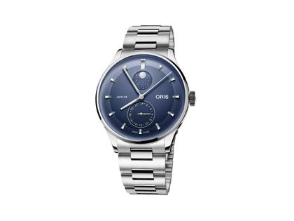 Herrenuhren Uhr ohne Datum aus Edelstahl. Das Gehäuse ist rund und silber. Das Edelstahlarmband ist silber. Das Zifferblatt ist ein Index in blau.
