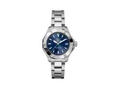 TAG Heuer Aquaracer Professional 200 Solargraph Quarz Edelstahl 34mm blaues Zifferblatt Metallband – Damenuhren Uhr mit Datum aus Edelstahl. Das Gehäuse ist rund und silber. Das Edelstahlarmband ist silber. Das Zifferblatt ist ein Index in blau.