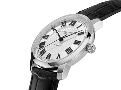 Frederique Constant Classics Automatik Edelstahl 39mm weißes Zifferblatt schwarzes Lederband limitiert – Herrenuhren Uhr ohne Datum aus Edelstahl und Leder. Das Gehäuse ist rund und silber. Das Lederarmband ist schwarz. Das Zifferblatt ist römisch und weiß. – Ansicht 2