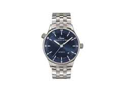 Sinn Spezialuhren 6068 B Frankfurter Finanzplatzuhr Automatik Edelstahl 38,5mm blaues Zifferblatt blaues Lederband – Herrenuhren Uhr mit Datum aus Edelstahl und Leder. Das Gehäuse ist rund und silber. Das Lederarmband ist blau. Das Zifferblatt ist arabisch Index und blau. – Ansicht 2