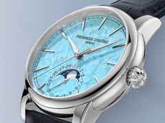 Frederique Constant Manufacture Classic Moonphase Date Automatik Edelstahl 40mm Türkis-Zifferblatt blaues Lederband limitiert – Herrenuhren Uhr mit Datum aus Edelstahl und Leder. Das Gehäuse ist rund und silber. Das Lederarmband Kroko / Alligator ist blau. Das Zifferblatt ist ein Index in türkis. – Ansicht 4